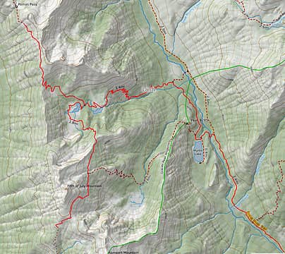 Routes hiked marked in red.