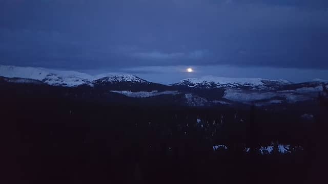 The moon rising over Arnold and Horseshoe in the distance