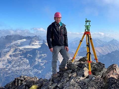 Surveying Mt Buckner with the theodolite, Oct 2022. Photo by Steven