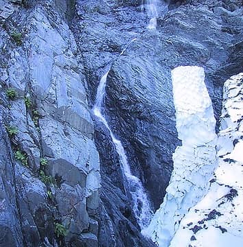 View of the ice column and waterfall from the lefthand edge of the cone.