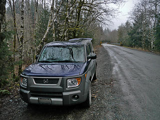 Parking will be dusty in dry weather.  Just muddy road today. 
Sitka Spruce  to CCC WA 2/1/14