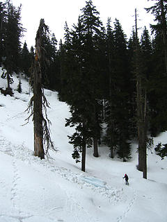 Crossing below the slush avalanche. Note the large ice block that fell from the cliffs above.