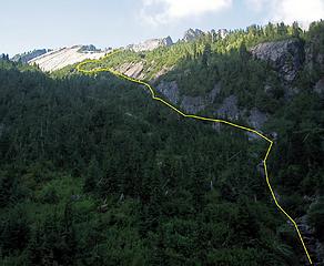 First view of Morning Star ridge. Yellow line is our route