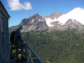 A visitor to the lookout gazes upon Mt Baker