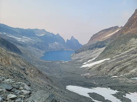 First full view of Silver Lake. We descended too far left. Center-right of the pass is much more level
