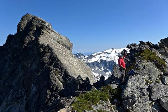 Don scoping out the summit block. West summit ridge on left.