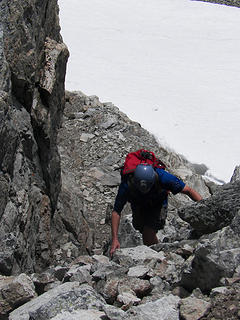 Dad climbing out of gully