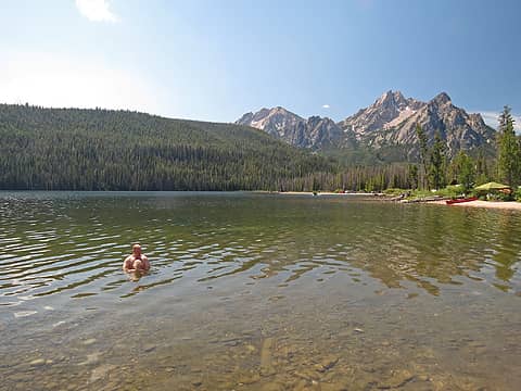 Dada and Ethan swim in Stanley Lake
