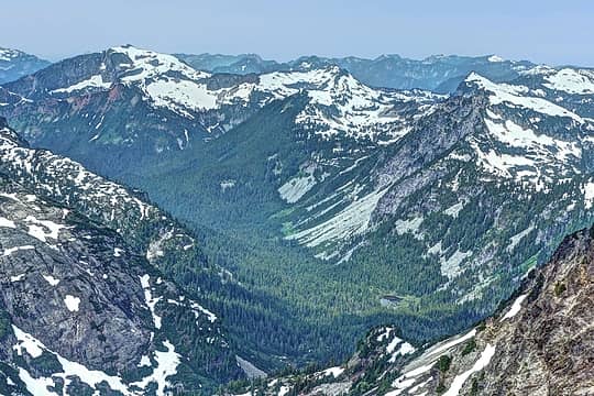 Middle Fork Valley from Bears Breast summit. Big Snow, Wild Goat, and Iron Cap peaks on the right (north) side of the valley.
