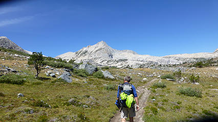 Trail on the west side of Saddlebag lake - our destination, North Peak, ahead
