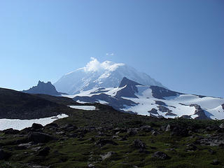 Looking up at Rainier with Echo and Observation Rock in the foreground