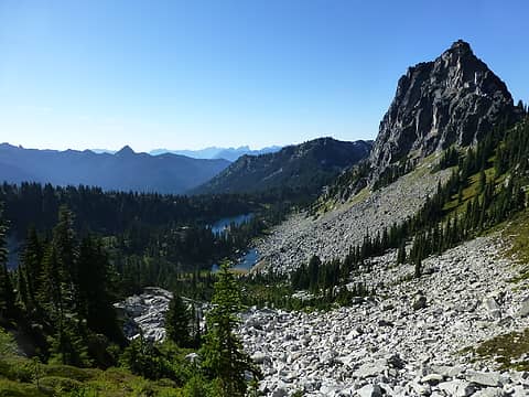 Looking back down at Chain Lakes - from near base of summit block