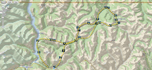 Taken from the DeLorme map, this shows positions reports I sent on our 8 day trip, starting at Canyon Creek Trail head