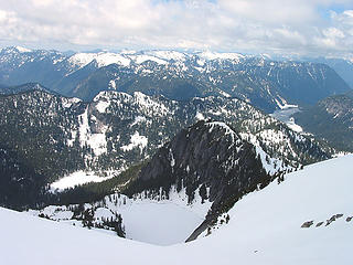 Looking Down To Snowflake Lake (Bottom Left), Myrtle Lake (Bottom Middle Left), Big Snow Lake (Center), And Dorothy Lake (Far Right) From Icy Ascent To Big Snow Mtn