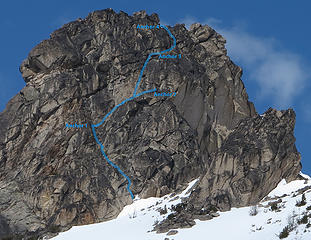 route viewed from just east of the spur (upper pitches are compressed vertically by the angle looking up)