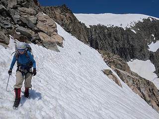 Descending mix of snow and rock around the upper summit area
