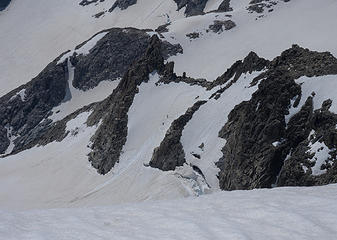 The bergshrund area from the summit - some descending climbers visible