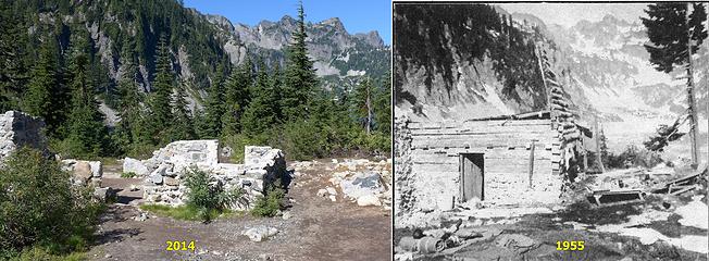 Comparison of Snow Lake cabin in 2014 and 1955. 1955 shot is by Karl Duff.