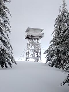 The lookout plastered with snow