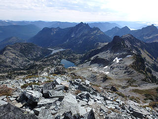 Looking East from Chikamin toward Glacier and Spectacle Lakes and Three Queens.