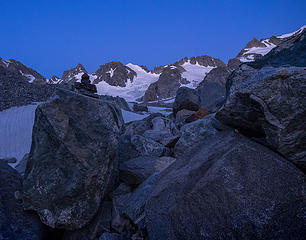 A cairn and early light in the moraine