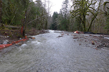 MP 9.9 creek overflowing the road because rock and tree debris completely blocked the first new water passage structure. This creek is located just beyond where the CCC road/trail intersects the Middle Fork road.