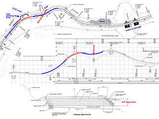 Annotated Middle Fork road plans in the area of the chronic slump by the CCC road