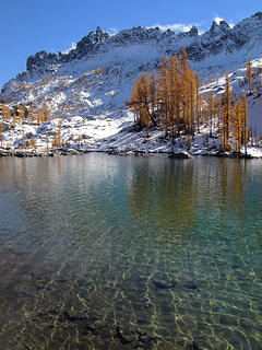 Sunlight filters through the water with snow and larches in the background.