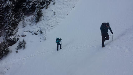James and Carla on a steep snowy traverse