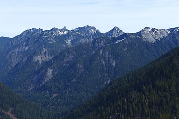 View down Smith Creek. Malachite in center, Turquoise to it's right. The spire to the left is Malachite North Peak.