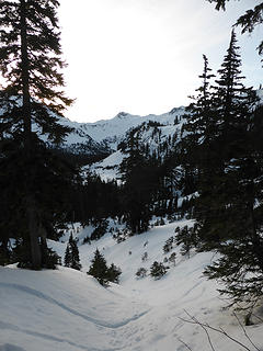 View when starting to descend into the Swift Creek valley from Austin Pass, with Annette in the middle, and Mount Ann (the objective) barely visible on the right