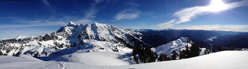 Wide panorama of Mt. Shuksan and Baker Lake from summit of Mount Ann