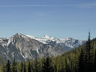 Left to right: Arrowhead (the one without snow), Rock Mountain, Mount Howard (the pointy one in the middle), and Mount Mastiff
