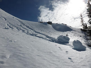 Big chunks of snow that came down from the steep west ridge of Snowgrass