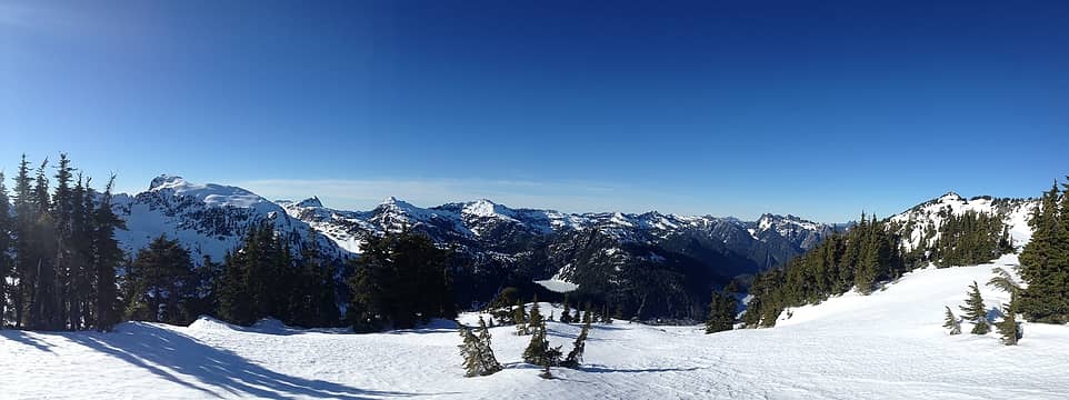 Panorama of Iron Cap Mountain and West Fork Foss River valley, with Azurite Lake (the small one) and Otter Lake (the bigger one)