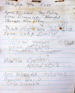 Mile High summit register. First ascent was by a Bulger group on 10/15/1995 (not on this register). It's climbed roughly once every other year.