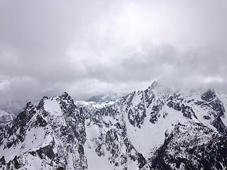 Argonaut Peak (L) and Sherpa/Stuart (R) under clouds