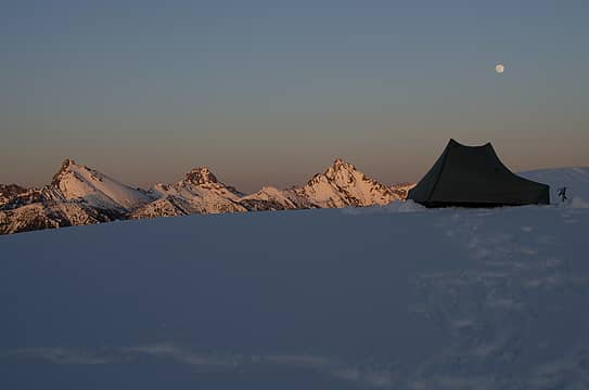 Peaks, tent and moon