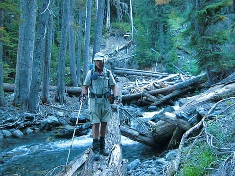 At the bottom of  our descent, we found safe way to  across Rustler Creek. This allowed us to continue towards the high country.  Jeff walking the high log . (photo: Jan)