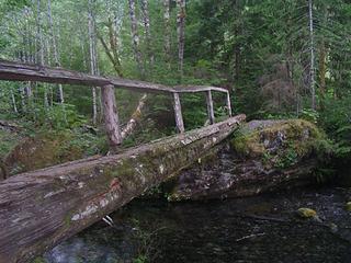 Log bridge to gravel bar in West Fork Foss River