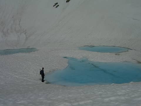 Three (or one when thawed) tarns below the Hyas Creek Glacier.