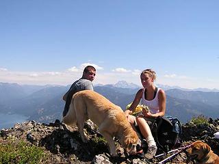 Mike and Katie with Sadie and Clover on top of Bald