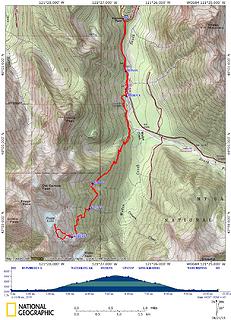 10.7 miles RT 
3576 feet elevation gain. 
5223 feet max elevation 
2190 feet parking lot 
10h 22min with a long lunch 
Gothic Basin, WA 06/20/15