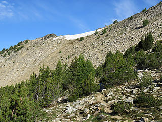 The trail that goes up o the Pass that descends Angels Staircase still holds a small cornice which is easily passable.