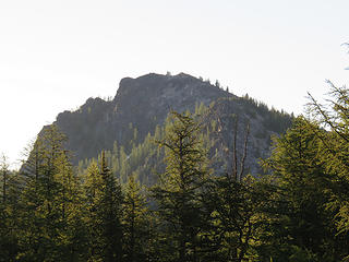 View of Foggy Dew's summit area which lays back and can't be seen from the lower trail. The ridge is broken and the summit is the third of three eroded highpoints.