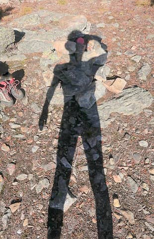 My shadow on the Jungle Hill summit cairn, with the cap of the register looking like I have a giant alien red eye. Maybe I'm a Borg