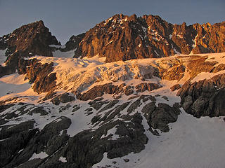 Sunset on Katsuk Glacier, with Mesachie and Katsuk visible