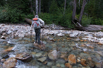 Rock hopping over the Middle Fork river, unusual for this early in summer
