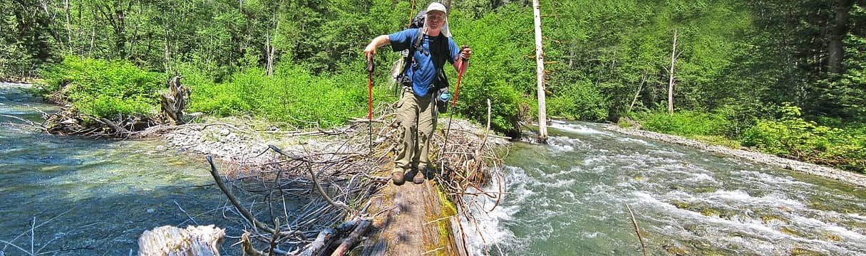 modern crosses the cascade river on one of the cadillacs of logs