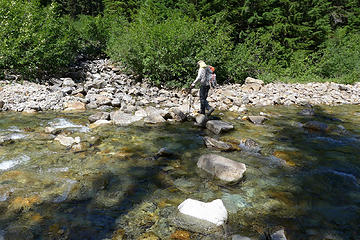 Rock hopping across the Middle Fork at Hardscrabble Creek outlet